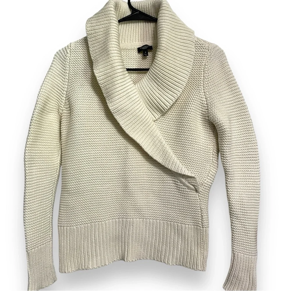 Talbots Ivory Cream Thick Shawl Neck Waffle Knit Pullover V-Neck Sweater Size PP - Picture 4 of 8